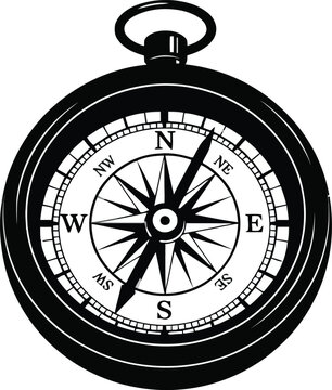 Black and white illustration of a classic pocket compass