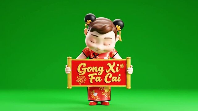  3D Cartoon Character Wishing Lunar New Year Fortune with Red Scroll on Green Screen - Celebration Template