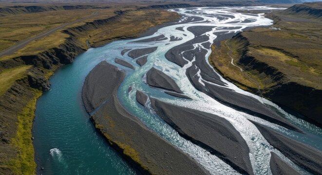 Aerial view of a braided river system cutting through a stark landscape