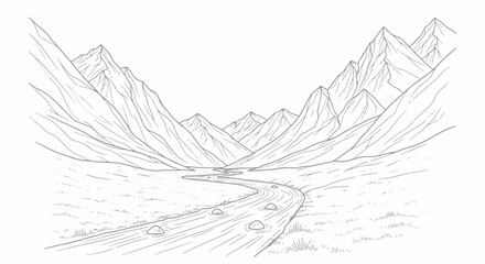 Mountain valley with winding river sketch illustration. © Hanif