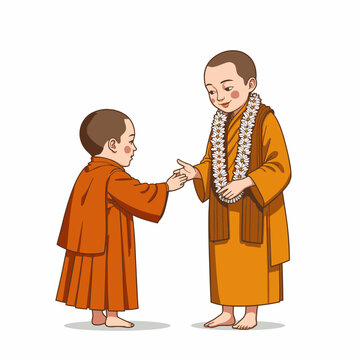 A Heartwarming Exchange Between Two Young Monks Demonstrating Friendship and Tradition Through a Gentle Gesture