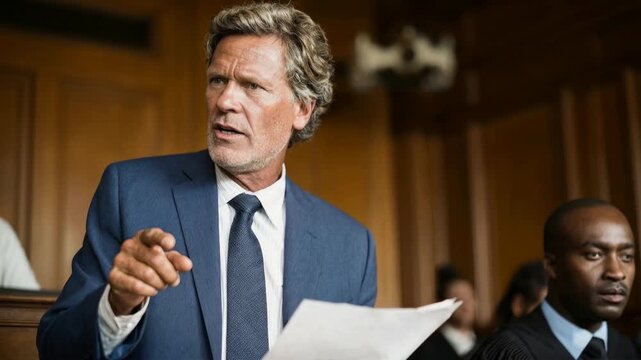 Lawyer pointing during discussion in courtroom or hearing expressing decision making authority leadership and strategic communication