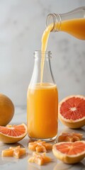 Citrus Stream Juice pouring into a bottle surrounded by grapefruit slices