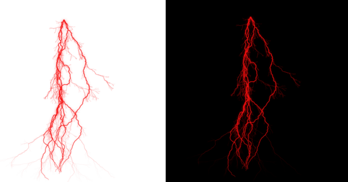 Red lightning bolt on white and black backgrounds side by side isolated on transparent background - Powered by Adobe