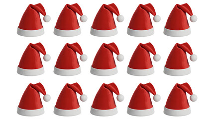 Naklejka premium Fifteen red Santa Claus hats with white pom poms and trim, festive Christmas headwear on transparent background