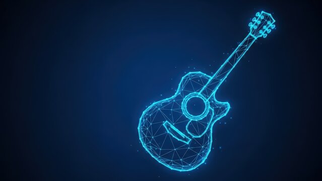 Digital Wireframe Acoustic Guitar Illuminated with Neon Blue Lines on Dark Background, Representing Futuristic Music and Technology