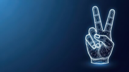 Naklejka premium Digital wireframe hand making a victory gesture with glowing outline on dark blue background