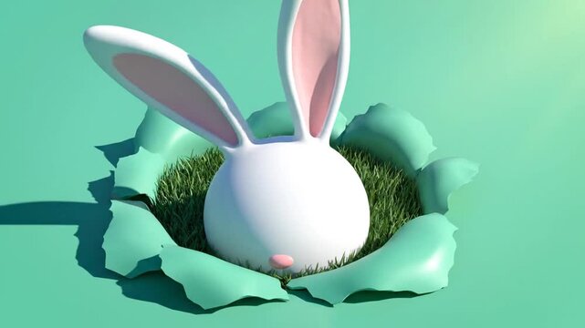 A cute white Easter bunny peeking out of a green grassy hole in a mint green background, celebrating spring and Easter traditions