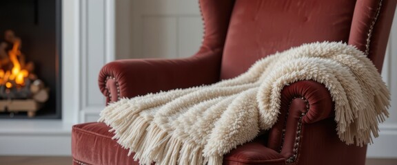 Cozy comfort A plush throw drapes an armchair by a warm hearth