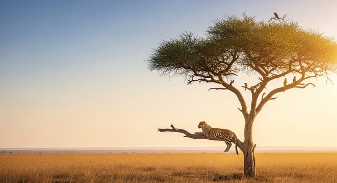 Majestic leopard resting on an acacia tree with wild animals, representing the beauty of their natural habitat, a World Wildlife Day concept