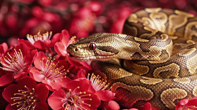 Close-up of a beautifully patterned python snake coiled amongst vibrant red blossoms, embodying nature's intricate beauty and the symbolism of the serpent in culture