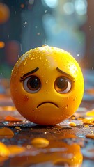 Sad, yellow emoji-like face with big eyes sits on a wet surface, surrounded by fallen petals