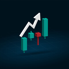 3d vector illustration of a bull candlestick chart trend indicator with perspective.