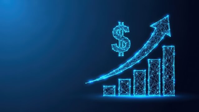 Glowing blue digital financial growth graph with upward arrow and dollar symbol on dark background