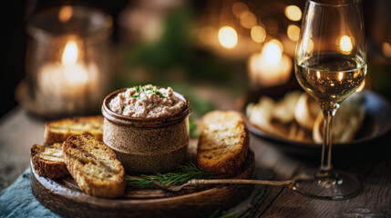 Exquisite appetizer of meat pate served with crispy toasted bread and white wine. High-end culinary photography capturing a warm, romantic atmosphere for luxury dining and food lifestyle concepts