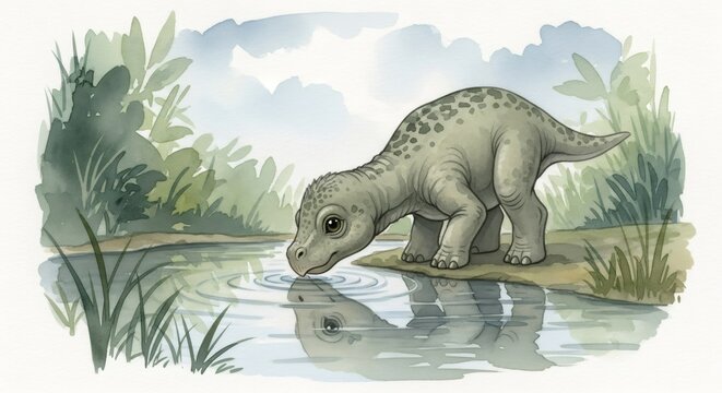 Cute baby dinosaur drinking water from a pond. Prehistoric age and Jurassic period nature. Child friendly watercolor illustration for kids.