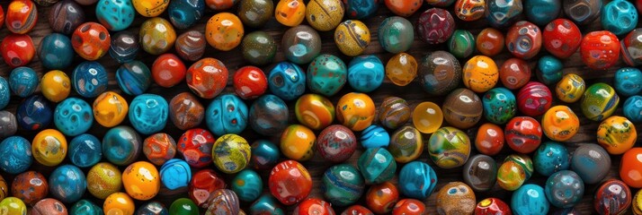 Fototapeta premium Bright beads of various shapes and colors, laid out on a flat surface. A close-up shot.