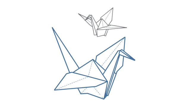 Blue and gray origami cranes on white background paper folding