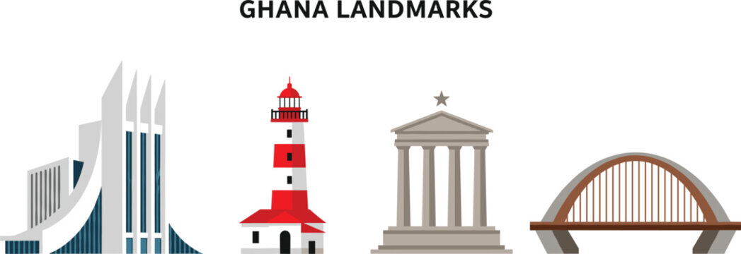 Set of famous architectural Ghana landmarks including Independence Arch, Kwame Nkrumah Memorial Park, Jamestown Lighthouse, and Adomi Bridge isolated on white background.