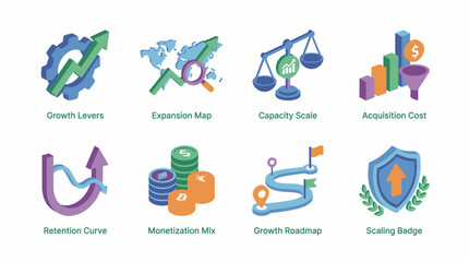 Isometric Business Growth Strategy Icon Set: Scaling, Retention, Roadmap, Monetization Mix, and Acquisition Metrics for Presentation Infographics.