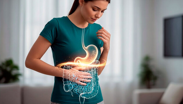 Young woman holding her stomach with digestive system illustration indoors  