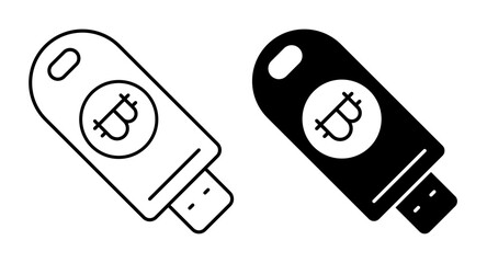 Linear icon. Computer flash drive with a cryptographic password and a cryptocurrency wallet. Simple black and white vector isolated on white background