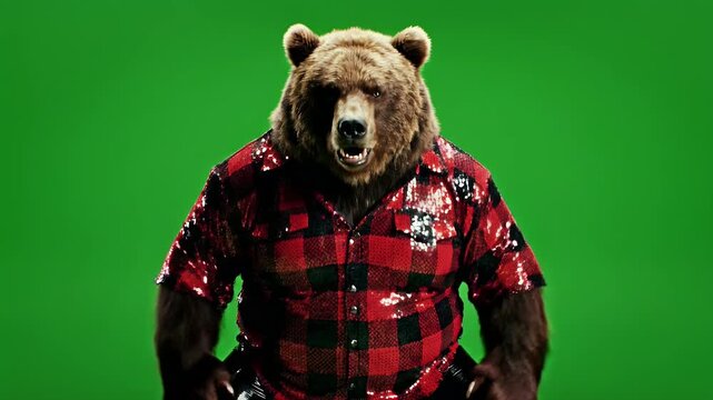 Funny dancing bear wearing a shiny red outfit performing energetic moves on a green background. Surreal animal character concept combining humor, fashion, and creative entertainment visuals.
