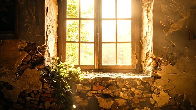 A weathered room bathed in sunlight through a wooden window with paintings on the worn walls