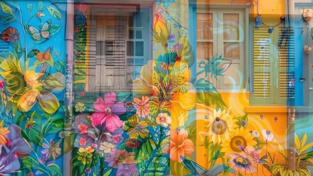 Colorful building facade adorned with vibrant floral mural and windows. Features artistic street art, blossoms