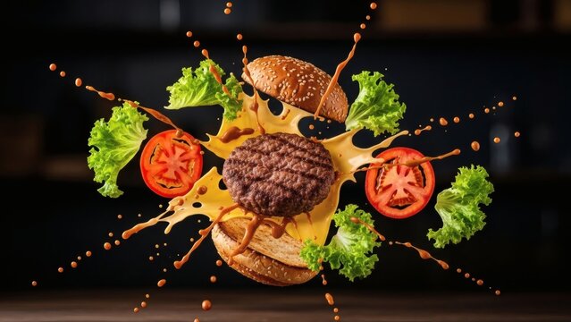 A juicy burger explodes with flying ingredients in mid-air on a dark background from a front viewpoint