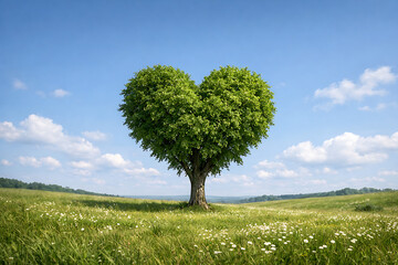 Lone tree with green leaves shaped like a heart standing in a grassy meadow under a clear blue sky for environment and love concept
