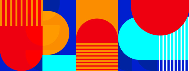 Vibrant abstract design featuring bold red and blue geometric shapes with striped patterns and curves © SyahCreation