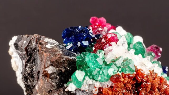 Close-up of a geological specimen featuring various mineral crystals with multiple colors