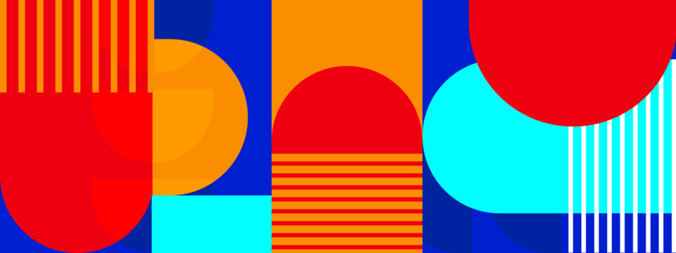 Vibrant abstract design featuring bold red and blue geometric shapes with striped patterns and curves