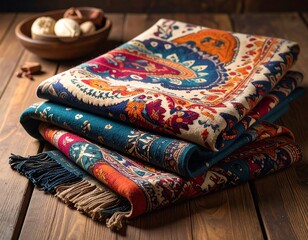 Stack of folded colorful paisley patterned blankets with fringe on a brown wooden surface
