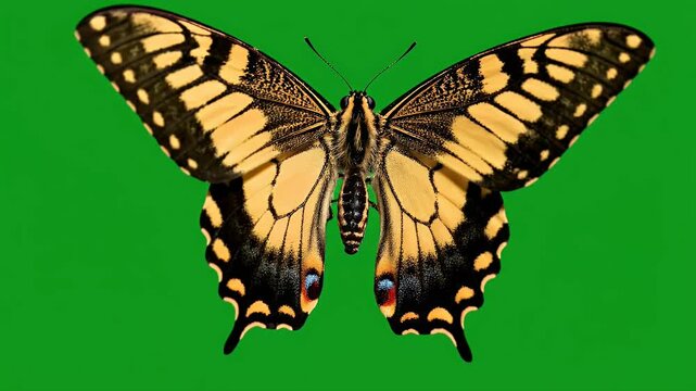 A striking butterfly with yellow and black wings, displayed against a vibrant green backdrop.