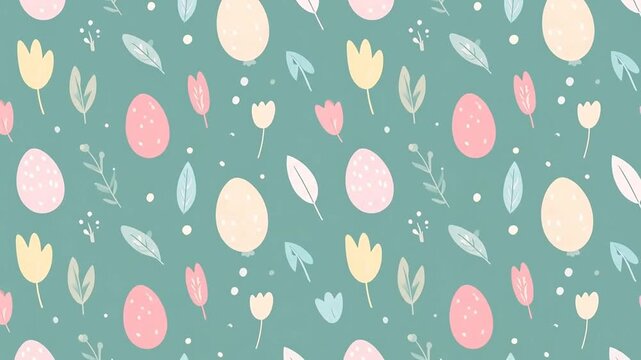 A pastel seamless pattern featuring eggs, leaves, and flowers on a turquoise background