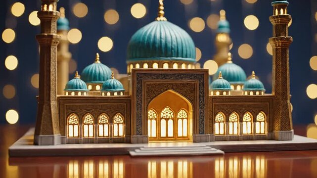 Exquisite Miniature Model of a Mosque illuminated with warm ambient lighting, celebrating Islamic culture and architecture