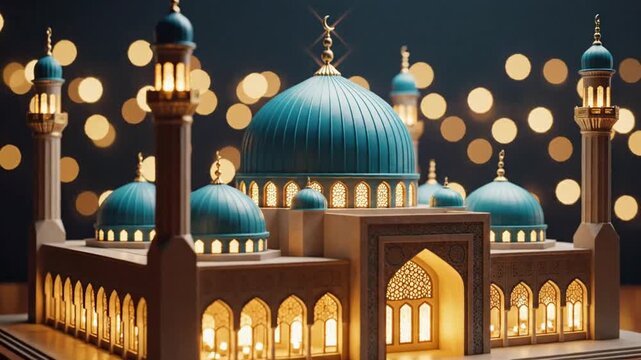 A detailed architectural model of a mosque with glowing lights at night, showcasing Islamic design elements