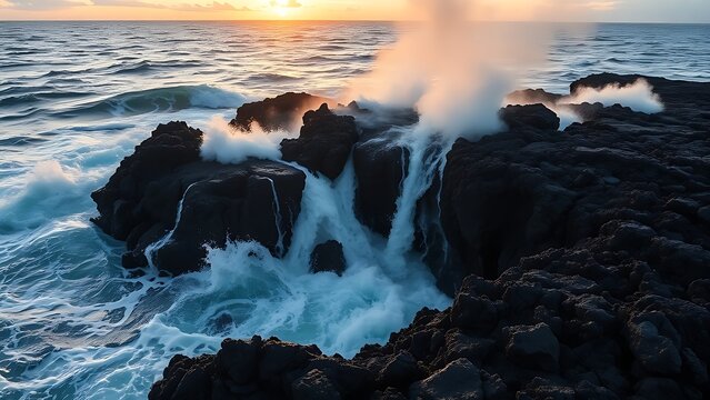 meson. Lava meeting ocean, forming black volcanic rock with rising steam at sunset. inspiring travel planning, travel magazines, designed for travel destination branding, used by nutritionists.