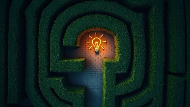 stutter. Aerial view of a hedge maze shaped like a question mark with a light symbol at its end. travel magazines, destination branding, designed for outdoor magazines and nature guides.