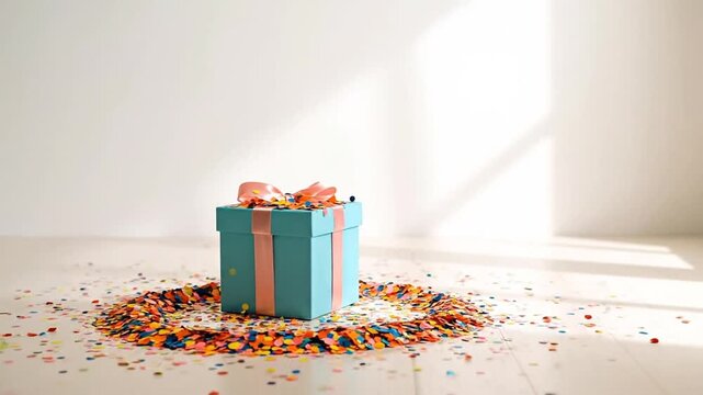A gift box bursts with colorful confetti against a white background with soft light