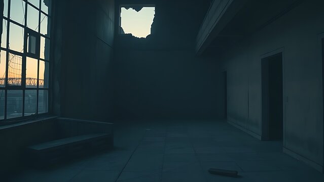 oligarchy. Urban ruin at dusk with soft light through a broken window onto a dusty floor. real-estate listings.