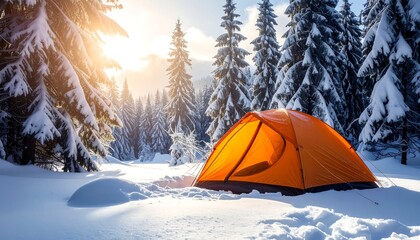 A bright orange tent pitched in snowy forest with trees