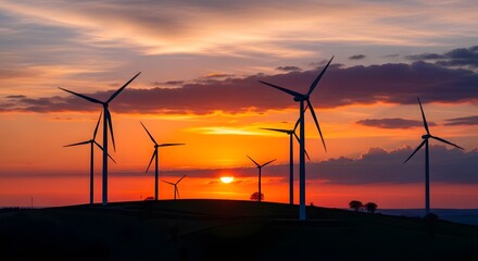 Obraz premium Silhouettes of wind turbines on hill at sunset with dramatic orange and purple sky for sustainable energy production