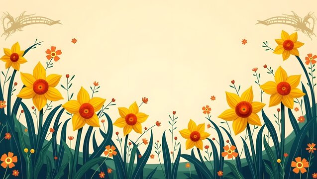 Surreal Folk Art Inspired St David&rsquo;s Day Background. Perfect for greeting cards, posters, packaging, prints and festive decorations.