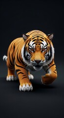 Obraz premium Majestic tiger walking towards the camera on a dark background.