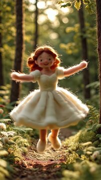 Enchanting Little Girl Dancing Joyfully in a Magical Forest Setting with Sunlight.