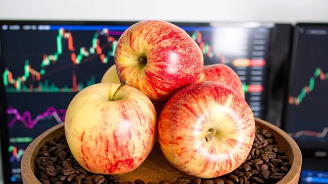 Fresh apples and coffee beans in wooden bowl, stock market charts on computer screens