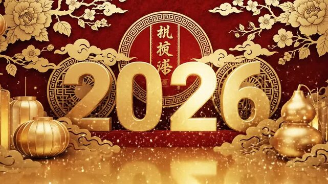 Golden 2026 Chinese New Year Illustration Featuring Traditional Decorations and Symbols for Celebration